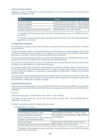 236
Exemplo (cotações fictícias):
Alienação à vista em 14/06/2018, por US$ 50,000.00, de um bem móvel adquirido em 23/03/1999 por
US$ 40,000.00, também à vista.
Item Cálculo
Valor de alienação US$ 50,000.00 x R$ 2,8500 (*) = R$ 142.500,00
Custo de aquisição US$ 40,000.00 x R$ 1,8516 (**) = R$ 74.064,00
Ganho de Capital R$ 142.500,00 - R$ 74.064,00 = R$ 68.436,00
Imposto devido (vencimento em 31/07/2018) R$ 68.436,00 x 15% = R$ 10.265,40
(*) Cotação do dólar fixada para compra, pelo Banco Central do Brasil, para o dia 14/06/2018 (data do
recebimento);
(**) Cotação do dólar fixada para venda, pelo Banco Central do Brasil, para o dia 23/03/1999 (data do
pagamento, na aquisição).
1.2. Operações a prestação.
Nas operações a prestação, o ganho de capital deve ser apurado, em reais, para cada parcela, na data de
seu recebimento.
O valor de alienação, relativo a cada parcela recebida, quando expresso em moeda estrangeira, é convertido
em dólares dos Estados Unidos da América e, em seguida, em moeda nacional, pela cotação do dólar fixada,
para compra, pelo Banco Central do Brasil, para a data de cada recebimento.
O custo de aquisição, para cada parcela é o resultado da multiplicação do custo de aquisição total, em reais,
pelo quociente do valor de cada parcela recebida pelo valor total de alienação.
No recebimento da última parcela, o ganho de capital total é apurado pela diferença, em reais, entre a soma
de todas as parcelas recebidas e o custo total de aquisição.
Do imposto apurado sobre o ganho de capital calculado na forma do parágrafo anterior será diminuído o
imposto pago relativo às parcelas anteriores, obtendo-se o saldo de imposto a pagar referente à última parcela,
ou, caso o saldo seja negativo, o imposto pago a maior poderá ser compensado ou restituído nos termos da
legislação vigente.
A conversão de moeda estrangeira para dólares dos Estados Unidos da América será feita pelo valor fixado
pela autoridade monetária do país emissor da moeda, para a data do pagamento, na aquisição, e para a data
do recebimento, na alienação, liquidação ou resgate.
Exemplo (cotações fictícias):
Supondo que, no exemplo anterior, o valor de alienação (US$ 50,000.00) tenha sido recebido em três parcelas,
sendo a primeira de US$ 20,000.00 em 14/06/2018 e as duas últimas de US$ 15,000.00, em 31/07/2018 e em
15/08/2018.
Portanto:
Custo total de aquisição = US$ 40,000.00 x R$ 1,8516 (*) = R$ 74.064,00;
(*) Cotação do dólar fixada para venda, pelo Banco Central do Brasil, para o dia 23/03/1999 (data do
pagamento, na aquisição).
Fazendo a apuração do ganho de capital para cada parcela:
a) recebimento da 1ª parcela:
Item Cálculo
Valor da parcela recebida em reais US$ 20,000.00 x R$ 2,8500 (*) = R$ 57.000,00
Custo de aquisição proporcional
[Custo total de aquisição x (Valor da parcela
recebida / Valor total de alienação)]
R$ 74.064,00 x (US$ 20,000.00 / US$ 50,000.00)
=R$ 29.625,60
Ganho de Capital R$ 57.000,00 - R$ 29.625,60 = R$ 27.374,40
Imposto devido (vencimento em 31/07/2018) R$ 27.374,40 x 15% = R$ 4.106,16
(*) Cotação do dólar fixada para compra, pelo Banco Central do Brasil, para o dia 14/06/2018 (data do
recebimento da 1ª parcela).
 