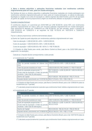 239
3. Bens e direitos adquiridos e aplicações financeiras realizadas com rendimentos auferidos
originariamente parte em reais, parte em moeda estrangeira.
Na hipótese de bens ou direitos adquiridos e aplicações financeiras realizadas em moeda estrangeira com
rendimentos auferidos originariamente parte em reais, parte em moeda estrangeira, os valores de alienação,
liquidação ou resgate e os custos de aquisição ou valores originais são determinados, para fins de apuração
do ganho de capital, de forma proporcional à origem do rendimento utilizado na aquisição ou realização.
Exemplo (cotações fictícias):
O contribuinte adquiriu um automóvel em 23/03/1999 por US$ 50,000.00, sendo 80% com rendimentos
auferidos originariamente em reais e 20% com recursos auferidos originariamente em moeda estrangeira.
Este automóvel foi alienado em 12/06/2018 por US$ 62,500.00, em três parcelas, sendo a primeira de
US$ 25,000.00 em 12/06/2018 e as seguintes de US$ 18,750.00 em 18/07/2018 e 15/08/2018,
respectivamente.
Faz-se o cálculo proporcional, conforme demonstrado abaixo:
a) Ganho de Capital da parte adquirida com rendimentos auferidos originariamente em reais:
Valor de alienação = US$ 62,500.00 x 80% = US$ 50,000.00;
Custo de aquisição = US$ 50,000.00 x 80% = US$ 40,000.00;
Custo de aquisição = US$ 40,000.00 x R$ 1,8516 (*) = R$ 74.064,00;
(*) Cotação do dólar fixada para venda, pelo Banco Central do Brasil, para o dia 23/03/1999 (data do
pagamento, na aquisição).
Calcula-se o imposto devido correspondente a cada parcela:
a.1) recebimento da 1ª parcela:
Item Cálculo
Valor da parcela recebida em dólares dos
EUA
US$ 25,000.00 x 80% = US$ 20,000.00
Valor da parcela recebida em reais US$ 20,000.00 x R$ 2,85000 (*) = R$ 57.000,00
Custo de aquisição proporcional (**)
[Custo total de aquisição x (Valor da parcela
recebida / Valor total de alienação)]
R$ 74.064,00 x (US$ 20,000.00 / US$ 50,000.00) =
R$ 29.625,60
Ganho de Capital R$ 57.000,00 - R$ 29.625,60 = R$ 27.374,40
Imposto devido (vencimento em 31/07/2018) R$ 27.374,40 x 15% = R$ 4.106,16
(*) Cotação do dólar fixada para compra, pelo Banco Central do Brasil, para o dia 12/06/2018 (data do
recebimento da 1ª parcela).
(**) calculado proporcionalmente à parcela cujos rendimentos foram obtidos originariamente em reais.
a.2) recebimento da 2ª parcela:
Item Cálculo
Valor da parcela recebida em dólares dos
EUA
US$ 18,750.00 x 80% = US$ 15,000.00
Valor da parcela recebida em reais US$ 15,000.00 x R$ 2,86690 (*) = R$ 43.003,50
Custo de aquisição proporcional (**)
[Custo total de aquisição x (Valor da parcela
recebida / Valor total de alienação)]
R$ 74.064,00 x (US$ 15,000.00 / US$ 50,000.00) =
R$ 22.219,20
Ganho de Capital R$ 43.003,50 - R$ 22.219,20 = R$ 20.784,30
Imposto devido (vencimento em 31/08/2018) R$ 20.784,30 x 15% = R$ 3.117,66
(*) Cotação do dólar fixada para compra, pelo Banco Central do Brasil, para o dia 18/07/2018 (data do
recebimento da 2ª parcela).
(**) calculado proporcionalmente à parcela cujos rendimentos foram obtidos originariamente em reais.
 