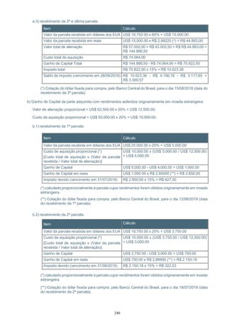 240
a.3) recebimento da 3ª e última parcela:
Item Cálculo
Valor da parcela recebida em dólares dos EUA US$ 18,750.00 x 80% = US$ 15,000.00
Valor da parcela recebida em reais US$ 15,000.00 x R$ 2,99220 (*) = R$ 44.883,00
Valor total de alienação R$ 57.000,00 + R$ 43.003,50 + R$ R$ 44.883,00 =
R$ 144.886,50
Custo total de aquisição R$ 74.064,00
Ganho de Capital Total R$ 144.886,50 - R$ 74.064,00 = R$ 70.822,50
Imposto total R$ 70.822,50 x 15% = R$ 10.623,38
Saldo de imposto (vencimento em 28/09/2018) R$ 10.623,38 - R$ 4.106,16 - R$ 3.117,65 =
R$ 3.399,57
(*) Cotação do dólar fixada para compra, pelo Banco Central do Brasil, para o dia 15/08/2018 (data do
recebimento da 3ª parcela).
b) Ganho de Capital da parte adquirida com rendimentos auferidos originariamente em moeda estrangeira:
Valor de alienação proporcional = US$ 62,500.00 x 20% = US$ 12,500.00;
Custo de aquisição proporcional = US$ 50,000.00 x 20% = US$ 10,000.00;
b.1) recebimento da 1ª parcela:
Item Cálculo
Valor da parcela recebida em dólares dos EUA US$ 25,000.00 x 20% = US$ 5,000.00
Custo de aquisição proporcional (*)
[Custo total de aquisição x (Valor da parcela
recebida / Valor total de alienação)]
US$ 10,000.00 x (US$ 5,000.00 / US$ 12,500.00)
= US$ 4,000.00
Ganho de Capital US$ 5,000.00 - US$ 4,000.00 = US$ 1,000.00
Ganho de Capital em reais US$ 1,000.00 x R$ 2,85000 (**) = R$ 2.850,00
Imposto devido (vencimento em 31/07/2018) R$ 2.850,00 x 15% = R$ 427,50
(*) calculado proporcionalmente à parcela cujos rendimentos foram obtidos originariamente em moeda
estrangeira.
(**) Cotação do dólar fixada para compra, pelo Banco Central do Brasil, para o dia 12/06/2018 (data
do recebimento da 1ª parcela).
b.2) recebimento da 2ª parcela:
Item Cálculo
Valor da parcela recebida em dólares dos EUA US$ 18,750.00 x 20% = US$ 3,750.00
Custo de aquisição proporcional (*)
[Custo total de aquisição x (Valor da parcela
recebida / Valor total de alienação)]
US$ 10,000.00 x (US$ 3,750.00 / US$ 12,500.00)
= US$ 3,000.00
Ganho de Capital US$ 3,750.00 - US$ 3,000.00 = US$ 750.00
Ganho de Capital em reais US$ 750.00 x R$ 2,86690 (**) = R$ 2.150,18
Imposto devido (vencimento em 31/08/2018) R$ 2.150,18 x 15% = R$ 322,53
(*) calculado proporcionalmente à parcela cujos rendimentos foram obtidos originariamente em moeda
estrangeira.
(**) Cotação do dólar fixada para compra, pelo Banco Central do Brasil, para o dia 18/07/2018 (data
do recebimento da 2ª parcela).
 