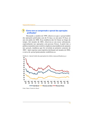 13 
Perguntas Mais Freqüentes 
7. Como tem se comportado o spread das operações 
prefixadas? 
Recuando a outubro de 1999, observa-se que o spread médio 
das operações prefixadas caiu de 51,3p.p. ao ano para 35,7p.p. ao 
ano em junho de 2006. Essa tendência não foi linear ao longo do 
tempo. Até meados de 2001, observou-se um recuo substancial, 
especialmente nas operações com pessoas físicas. A partir daí, a 
política monetária mais restritiva implicou uma tendência de aumento 
nos spreads, tendência que foi revertida no primeiro semestre de 
2003. Após registrar uma trajetória declinante até meados de 2004, 
a curva do spread praticamente estabilizou-se. 
Gráfico 6 – Spread médio das operações de crédito a taxas prefixadas (p.p.) 
84 
78 
72 
66 
60 
54 
48 
42 
36 
30 
24 
18 
out 
99 
abr 
00 
out 
00 
abr 
01 
out 
01 
Fonte: Banco Central do Brasil 
abr 
02 
out 
02 
abr 
03 
out 
03 
abr 
04 
out 
04 
abr 
05 
out 
05 
abr 
06 
Total Geral Pessoa Jurídica Pessoa Física 
 
