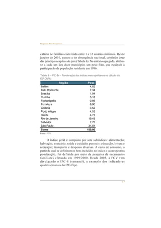 17 
Perguntas Mais Freqüentes 
extrato de famílias com renda entre 1 e 33 salários mínimos. Desde 
janeiro de 2001, passou a ter abrangência nacional, cobrindo doze 
das principais capitais do país (Tabela 6). No cálculo agregado, atribui-se 
a cada um dos doze municípios um peso fixo, que equivale à 
participação da população residente em 1996. 
Tabela 6 – IPC-Br – Ponderação dos índices metropolitanos no cálculo do 
IGP-DI(%) 
Região Peso 
Belém 4,02 
Belo Horizonte 7,34 
Brasília 1,04 
Curitiba 5,18 
Florianópolis 0,95 
Fortaleza 6,90 
Goiânia 3,52 
Porto Alegre 4,53 
Recife 4,73 
Rio de Janeiro 19,49 
Salvador 7,76 
São Paulo 34,54 
Soma 100,00 
Fonte: FGV 
O índice geral é composto por sete subíndices: alimentação; 
habitação; vestuário; saúde e cuidados pessoais; educação, leitura e 
recreação; transporte e despesas diversas. A cesta de consumo, a 
partir da qual se definiram os bens incluídos no índice e sua respectiva 
ponderação, foi definida por meio da pesquisa de orçamentos 
familiares efetuada em 1999/2000. Desde 2003, a FGV vem 
divulgando o IPC-S (semanal), a exemplo dos indicadores 
quadrissemanais do IPC-Fipe. 
 