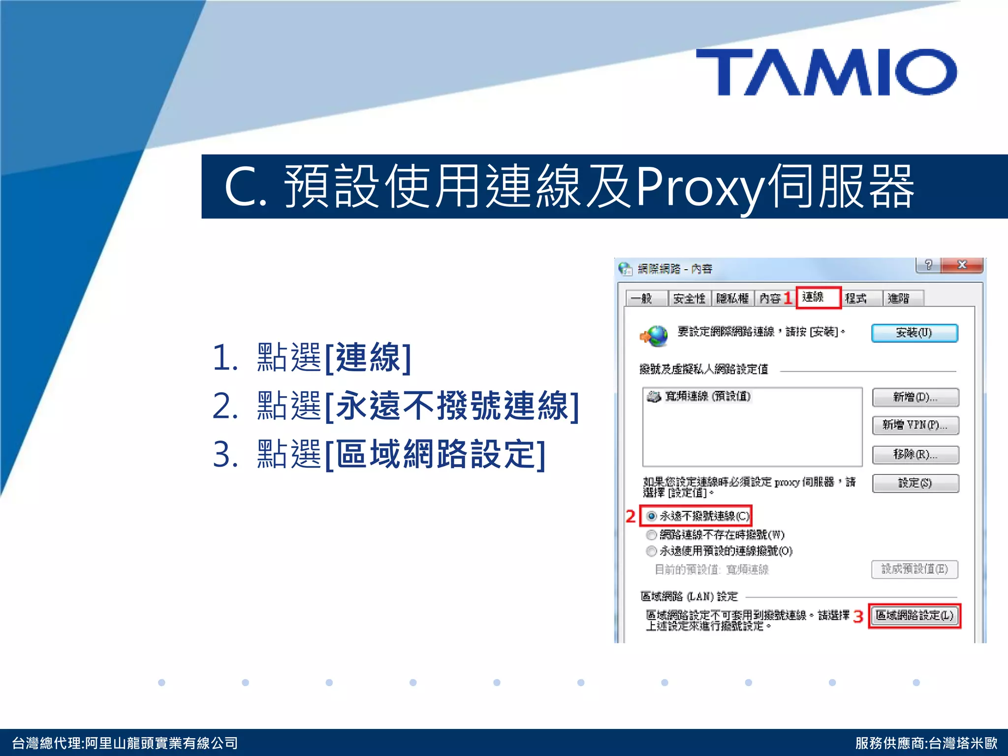 http://www.tamio.com.tw 
台灣總代理:阿里山龍頭實業有線公司 服務供應商:台灣塔米歐 
C. 預設使用連線及Proxy伺服器 
1. 點選[連線] 
2. 點選[永遠不撥號連線] 
3. 點選[區域網路設定]  