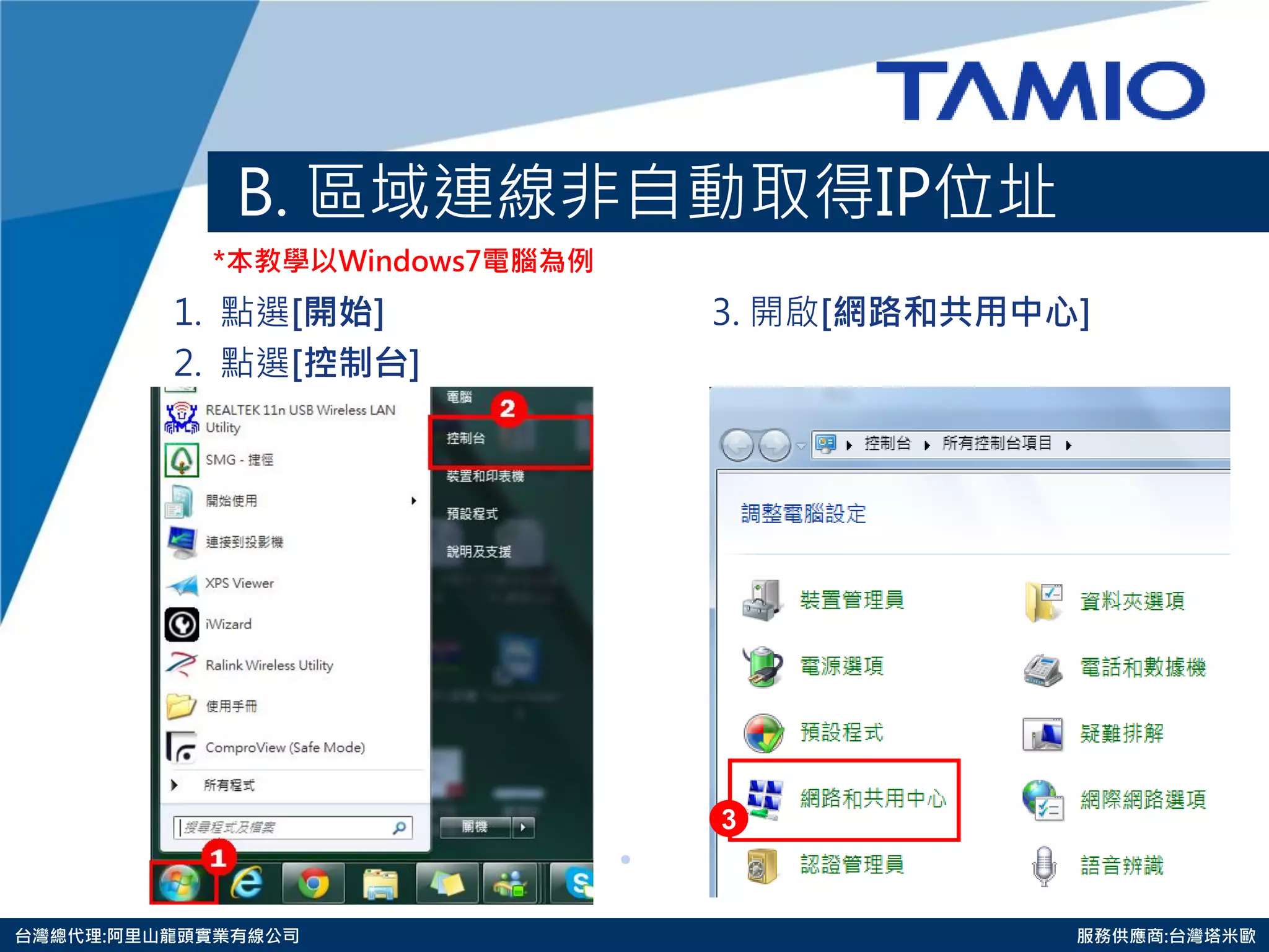 http://www.tamio.com.tw 
台灣總代理:阿里山龍頭實業有線公司 服務供應商:台灣塔米歐 
B. 區域連線非自動取得IP位址 
1. 點選[開始] 3. 開啟[網路和共用中心] 
2. 點選[控制台] 
*本教學以Windows7電腦為例 
3  