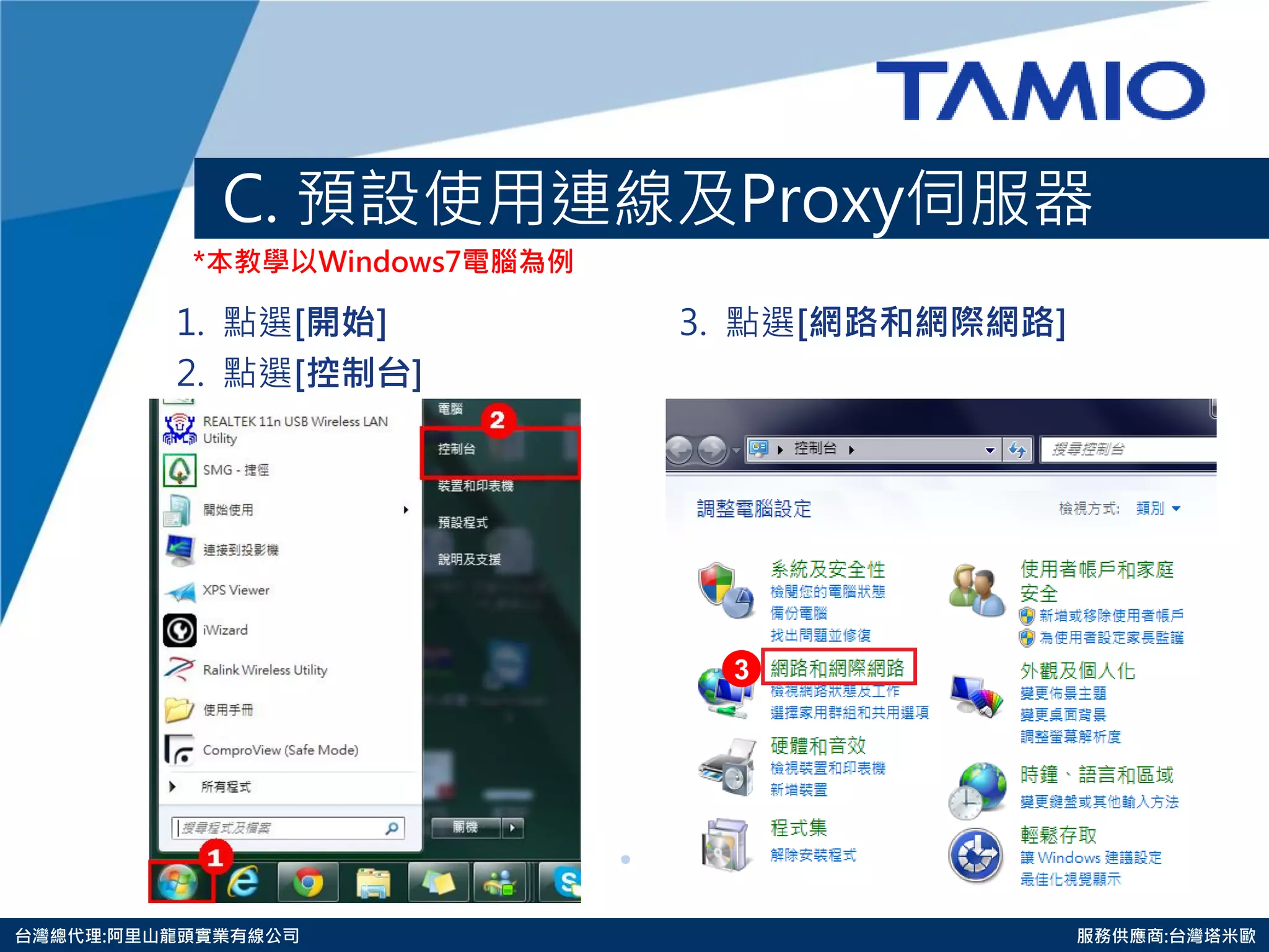 http://www.tamio.com.tw 
台灣總代理:阿里山龍頭實業有線公司 服務供應商:台灣塔米歐 
C. 預設使用連線及Proxy伺服器 
1. 點選[開始] 
2. 點選[控制台] 
*本教學以Windows7電腦為例 
3. 點選[網路和網際網路] 
3  
