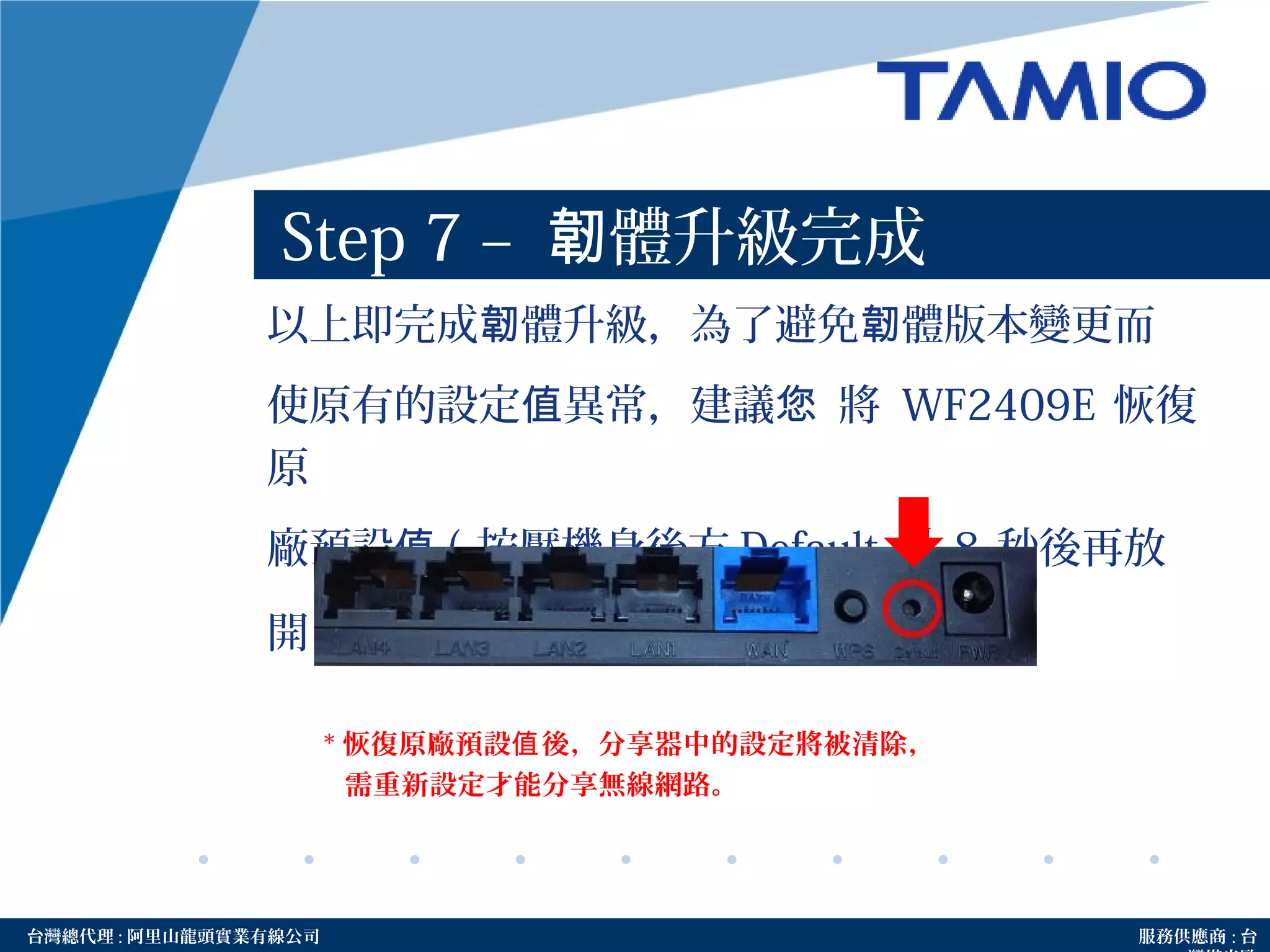 http://www.tamio.com.tw台灣總代理 : 阿里山龍頭實業有線公司 服務供應商 : 台
以上即完成 體升級，為了避免 體版本變更而韌 韌
使原有的設定 異常，建議值 您 將 WF2409E 恢復
原
廠預設值 ( 按壓機身後方 Default 孔 8 秒後再放
開 ) 。
Step 7 – 體升級完成韌
* 恢復原廠預設 後，分享器中的設定將被清除，值
需重新設定才能分享無線網路。
 