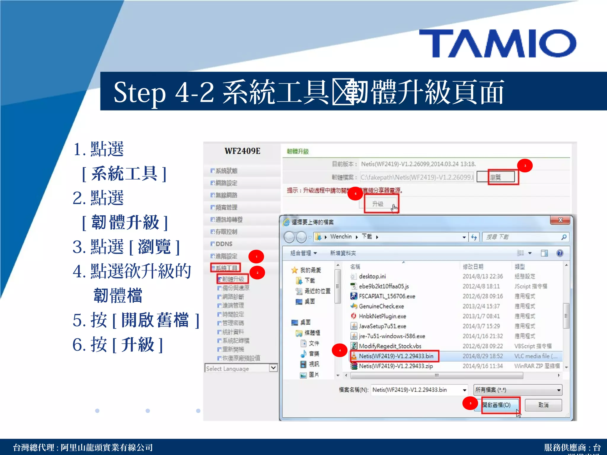 http://www.tamio.com.tw台灣總代理 : 阿里山龍頭實業有線公司 服務供應商 : 台
Step 4-2 系統工具 體升級頁面韌
1. 點選
[ 系統工具 ]
2. 點選
[ 體升級韌 ]
3. 點選 [ 瀏覽 ]
4. 點選欲升級的
體韌 檔
5. 按 [ 開 舊啟 檔 ]
6. 按 [ 升級 ]
1
3
4
5
6
2
 