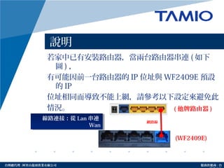http://www.tamio.com.tw台灣總代理 : 阿里山龍頭實業有線公司 服務供應商 : 台
說明
若家中已有安裝路由器，當兩台路由器串連 ( 如下
圖 ) ，
有可能因前一台路由器的 IP 位址與 WF2409E 預設
的 IP
位址相同而導致不能上網，請參考以下設定來避免此
情況。 ( 他牌路由器 )
(WF2409E)
網路線
線路連接：從 Lan 串連
Wan
線路連接：從 Lan 串連
Wan
 