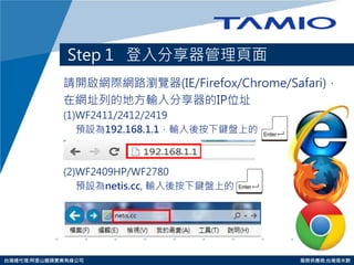 http://www.tamio.com.tw 
台灣總代理:阿里山龍頭實業有線公司 服務供應商:台灣塔米歐 
Step 1 登入分享器管理頁面 
請開啟網際網路瀏覽器(IE/Firefox/Chrome/Safari)， 
在網址列的地方輸入分享器的IP位址 
(1)WF2411/2412/2419 
預設為192.168.1.1，輸入後按下鍵盤上的 
(2)WF2409HP/WF2780 
預設為netis.cc, 輸入後按下鍵盤上的  