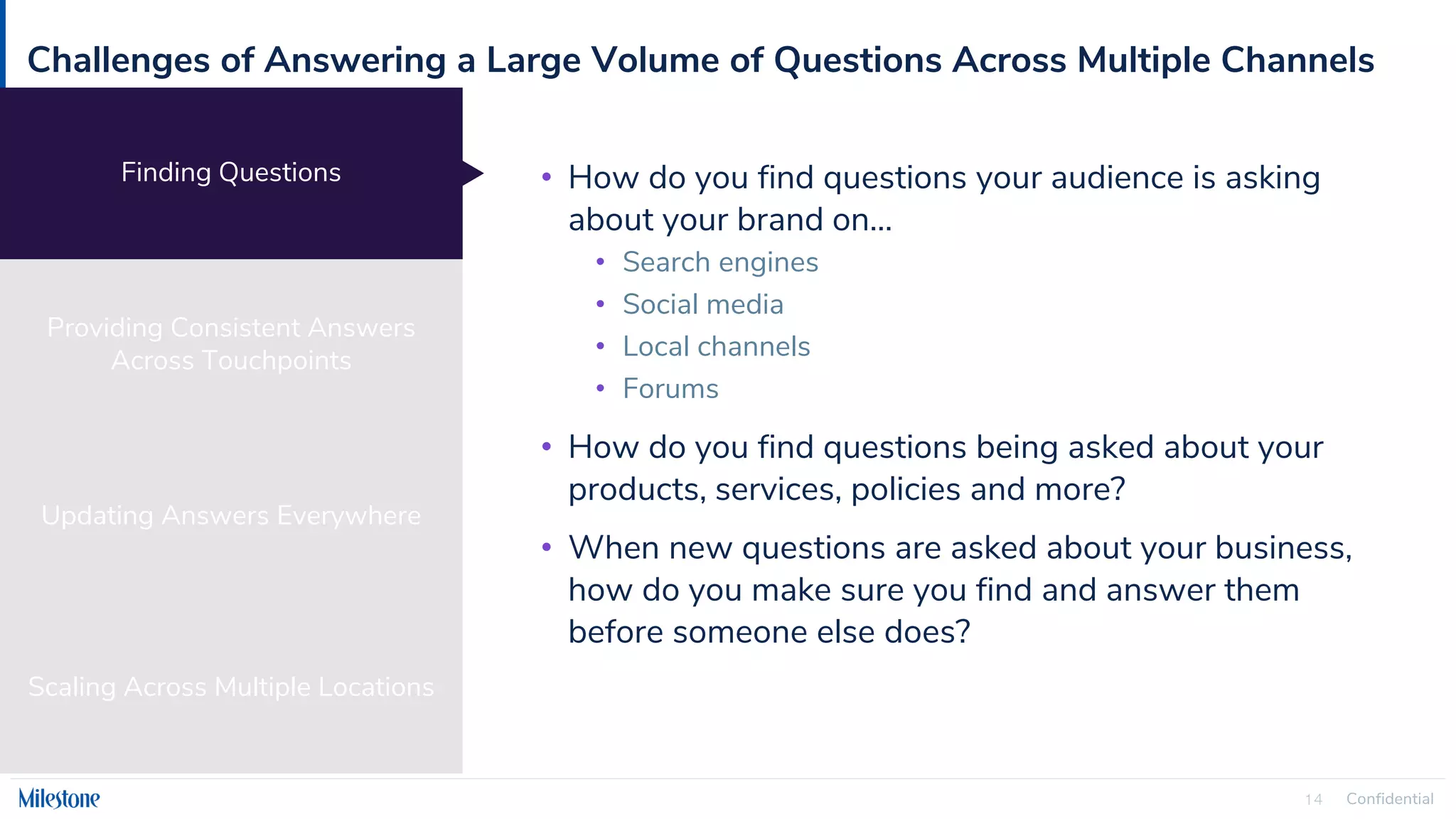 Confidential
14
Challenges of Answering a Large Volume of Questions Across Multiple Channels
• How do you find questions your audience is asking
about your brand on…
• Search engines
• Social media
• Local channels
• Forums
• How do you find questions being asked about your
products, services, policies and more?
• When new questions are asked about your business,
how do you make sure you find and answer them
before someone else does?
Providing Consistent Answers
Across Touchpoints
Updating Answers Everywhere
Scaling Across Multiple Locations
Finding Questions
 