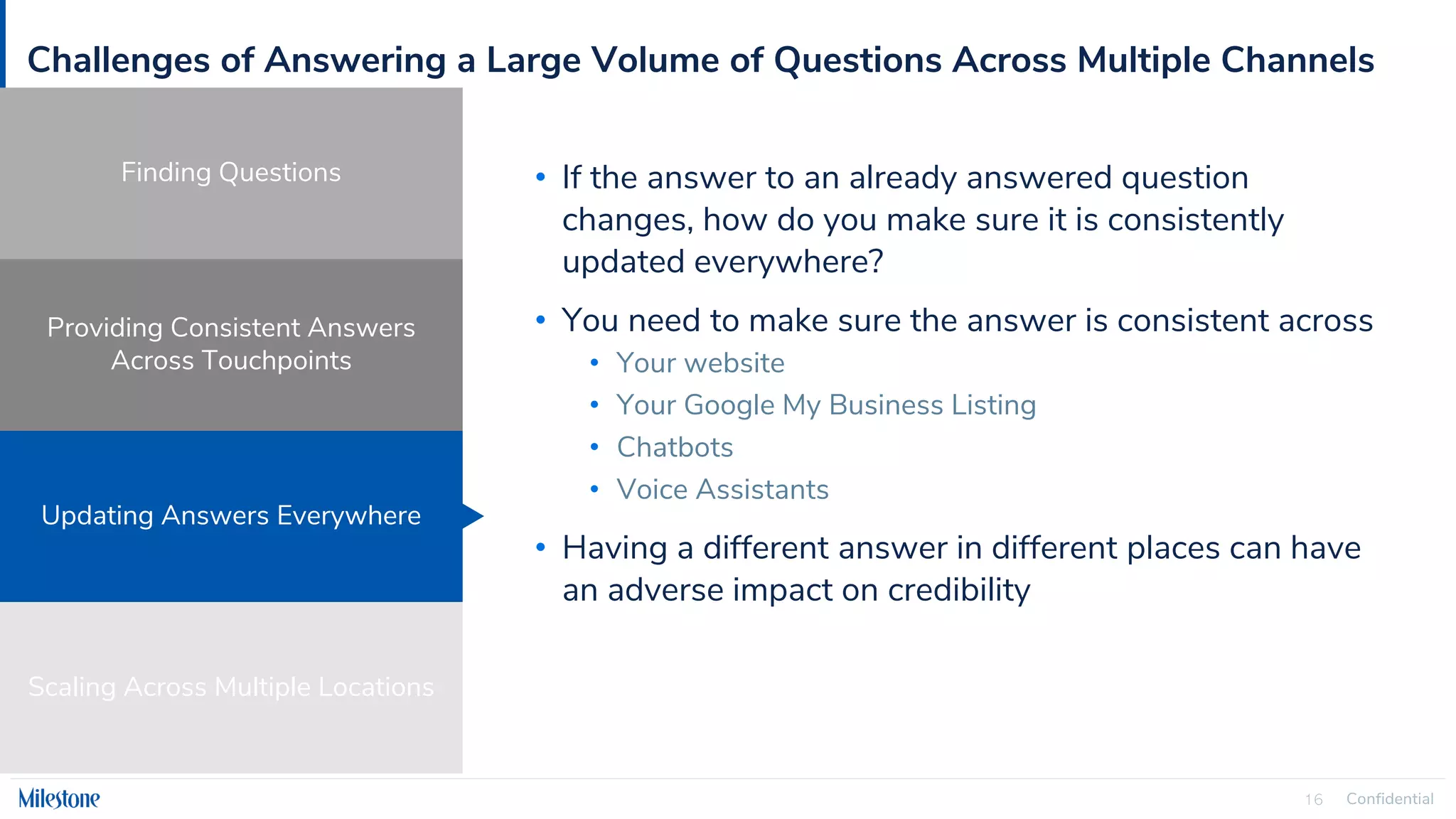 Confidential
16
Challenges of Answering a Large Volume of Questions Across Multiple Channels
• If the answer to an already answered question
changes, how do you make sure it is consistently
updated everywhere?
• You need to make sure the answer is consistent across
• Your website
• Your Google My Business Listing
• Chatbots
• Voice Assistants
• Having a different answer in different places can have
an adverse impact on credibility
Providing Consistent Answers
Across Touchpoints
Updating Answers Everywhere
Scaling Across Multiple Locations
Finding Questions
 