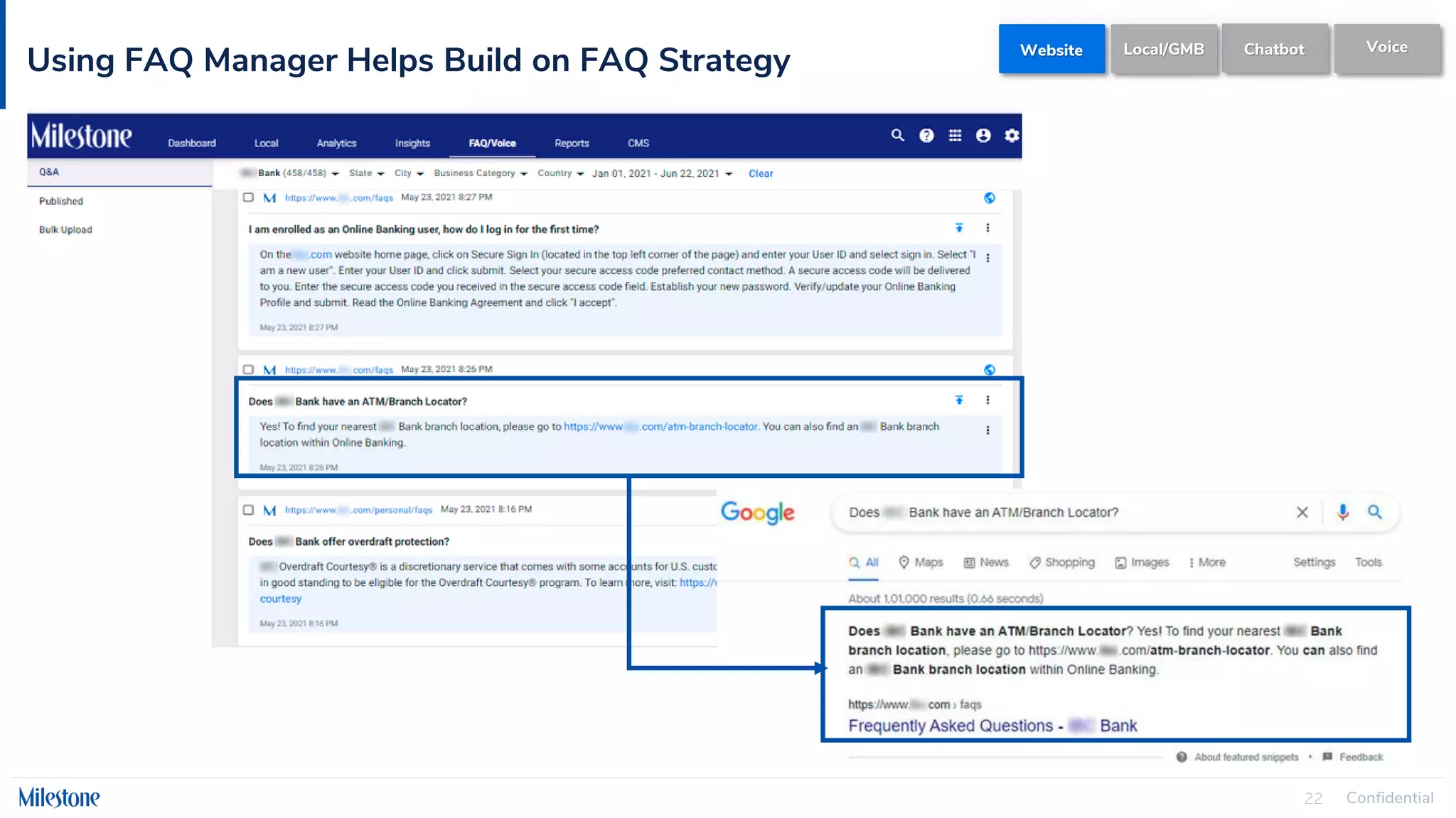 Confidential
22
Using FAQ Manager Helps Build on FAQ Strategy Website Chatbot Voice
Local/GMB
 