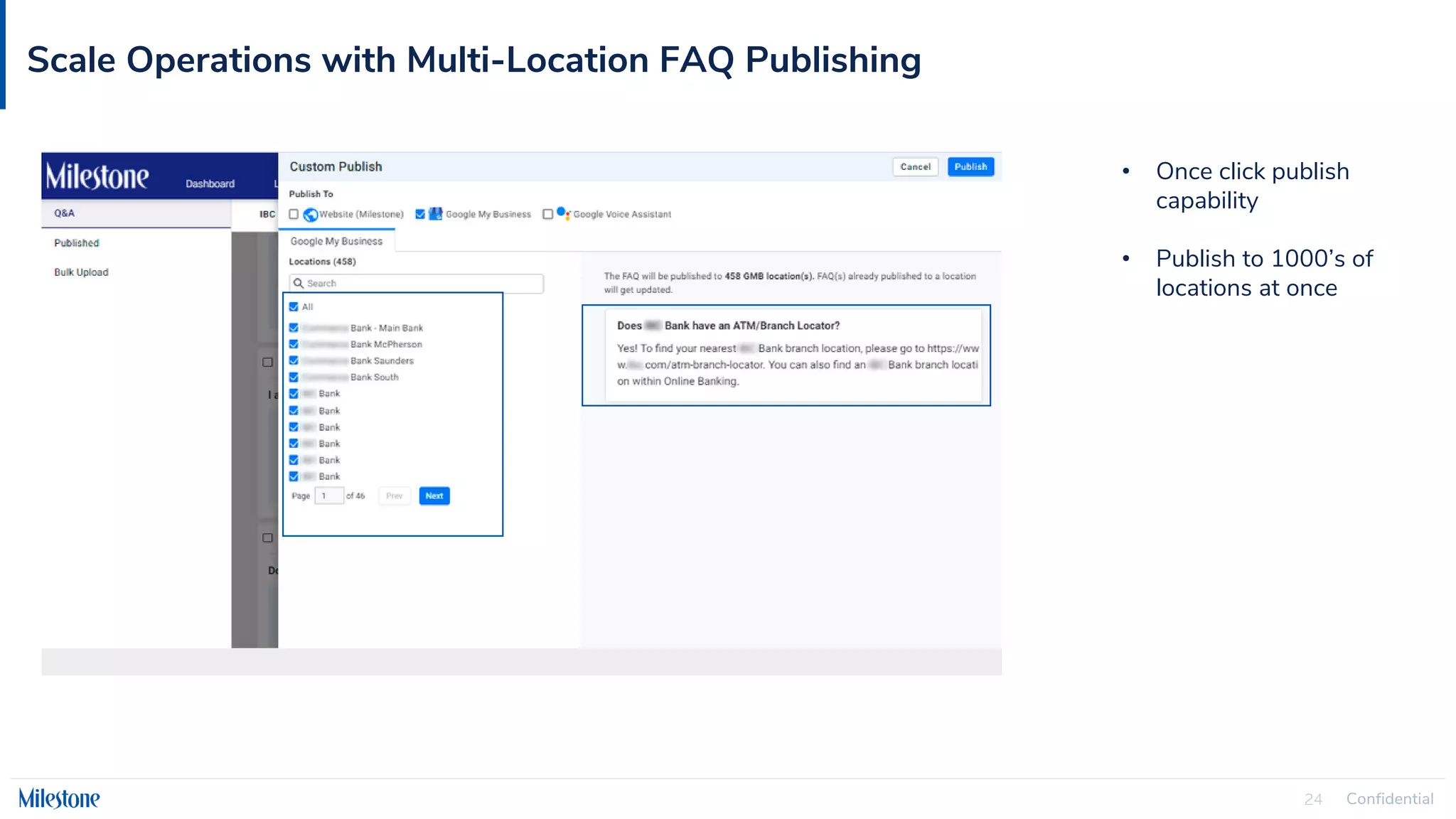 Confidential
24
Scale Operations with Multi-Location FAQ Publishing
• Once click publish
capability
• Publish to 1000’s of
locations at once
 