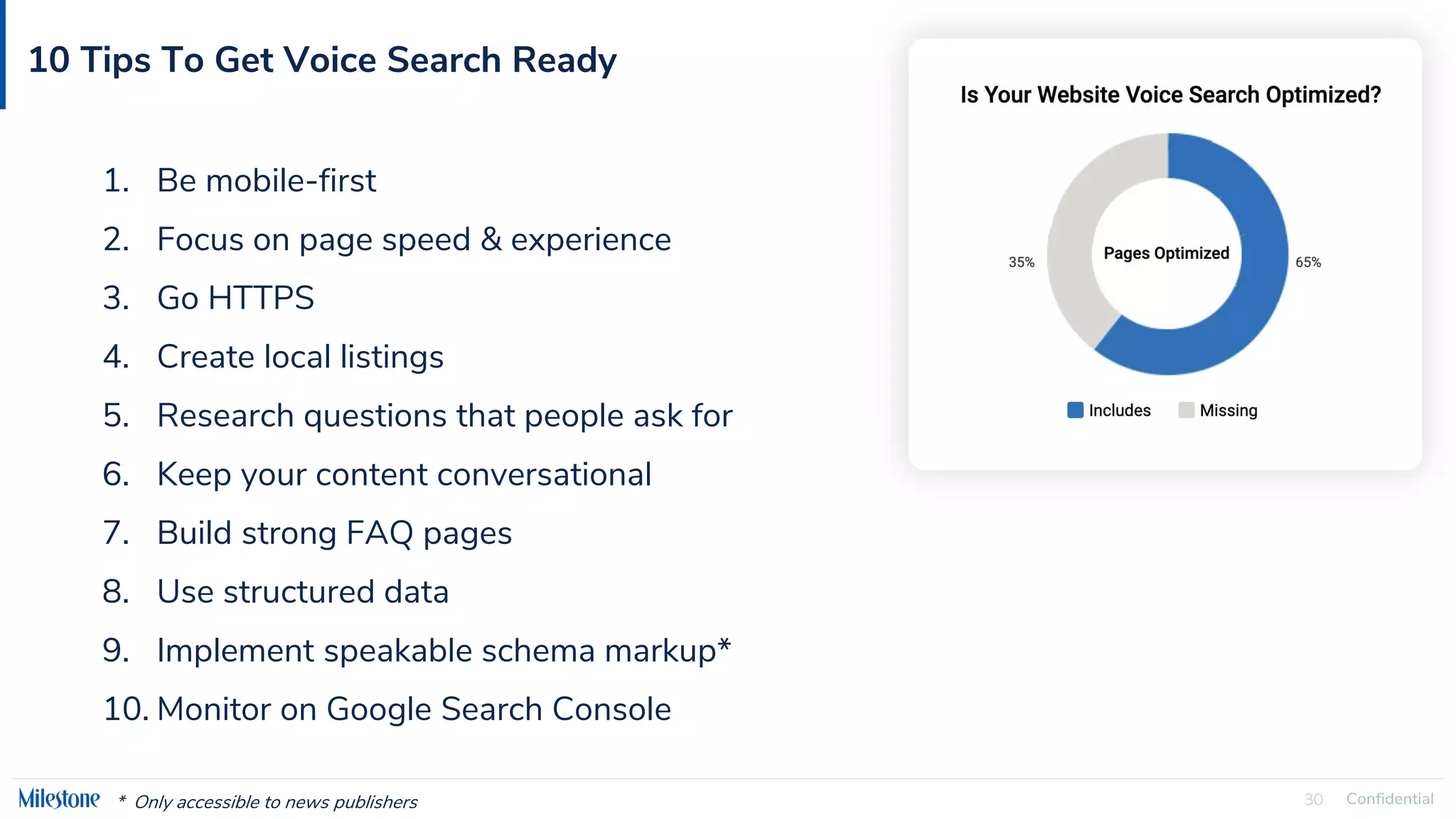 Confidential
30
10 Tips To Get Voice Search Ready
1. Be mobile-first
2. Focus on page speed & experience
3. Go HTTPS
4. Create local listings
5. Research questions that people ask for
6. Keep your content conversational
7. Build strong FAQ pages
8. Use structured data
9. Implement speakable schema markup*
10. Monitor on Google Search Console
* Only accessible to news publishers
 