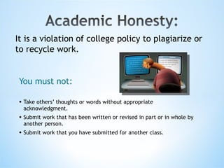 You must not: Take others’ thoughts or words without appropriate acknowledgment. Submit work that has been written or revised in part or in whole by another person. Submit work that you have submitted for another class. It is a violation of college policy to plagiarize or to recycle work. 