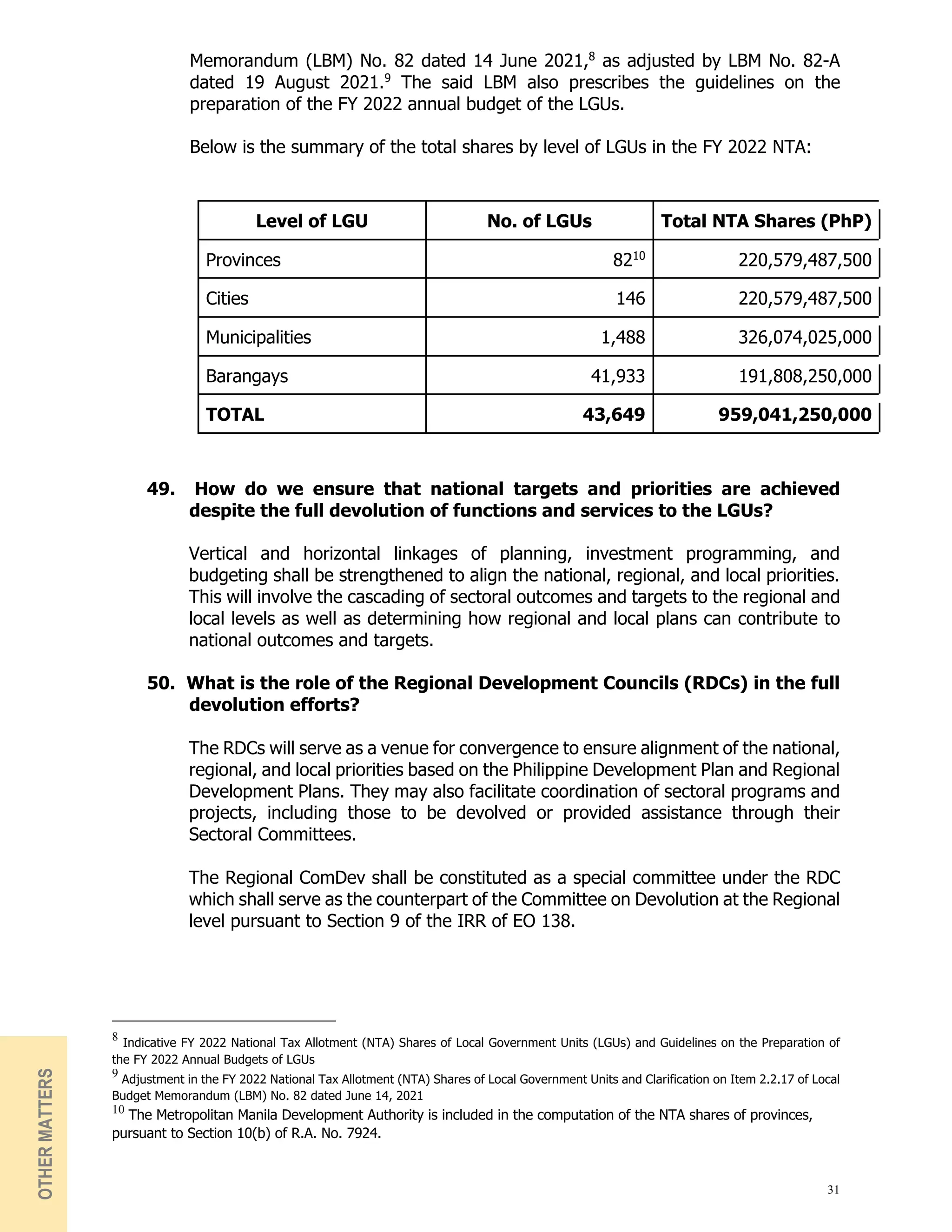 31
Memorandum (LBM) No. 82 dated 14 June 2021,8
as adjusted by LBM No. 82-A
dated 19 August 2021.9
The said LBM also prescribes the guidelines on the
preparation of the FY 2022 annual budget of the LGUs.
Below is the summary of the total shares by level of LGUs in the FY 2022 NTA:
Level of LGU No. of LGUs Total NTA Shares (PhP)
Provinces 8210
220,579,487,500
Cities 146 220,579,487,500
Municipalities 1,488 326,074,025,000
Barangays 41,933 191,808,250,000
TOTAL 43,649 959,041,250,000
49. How do we ensure that national targets and priorities are achieved
despite the full devolution of functions and services to the LGUs?
Vertical and horizontal linkages of planning, investment programming, and
budgeting shall be strengthened to align the national, regional, and local priorities.
This will involve the cascading of sectoral outcomes and targets to the regional and
local levels as well as determining how regional and local plans can contribute to
national outcomes and targets.
50. What is the role of the Regional Development Councils (RDCs) in the full
devolution efforts?
The RDCs will serve as a venue for convergence to ensure alignment of the national,
regional, and local priorities based on the Philippine Development Plan and Regional
Development Plans. They may also facilitate coordination of sectoral programs and
projects, including those to be devolved or provided assistance through their
Sectoral Committees.
The Regional ComDev shall be constituted as a special committee under the RDC
which shall serve as the counterpart of the Committee on Devolution at the Regional
level pursuant to Section 9 of the IRR of EO 138.
8
Indicative FY 2022 National Tax Allotment (NTA) Shares of Local Government Units (LGUs) and Guidelines on the Preparation of
the FY 2022 Annual Budgets of LGUs
9
Adjustment in the FY 2022 National Tax Allotment (NTA) Shares of Local Government Units and Clarification on Item 2.2.17 of Local
Budget Memorandum (LBM) No. 82 dated June 14, 2021
10
The Metropolitan Manila Development Authority is included in the computation of the NTA shares of provinces,
pursuant to Section 10(b) of R.A. No. 7924.
OTHER
MATTERS
 