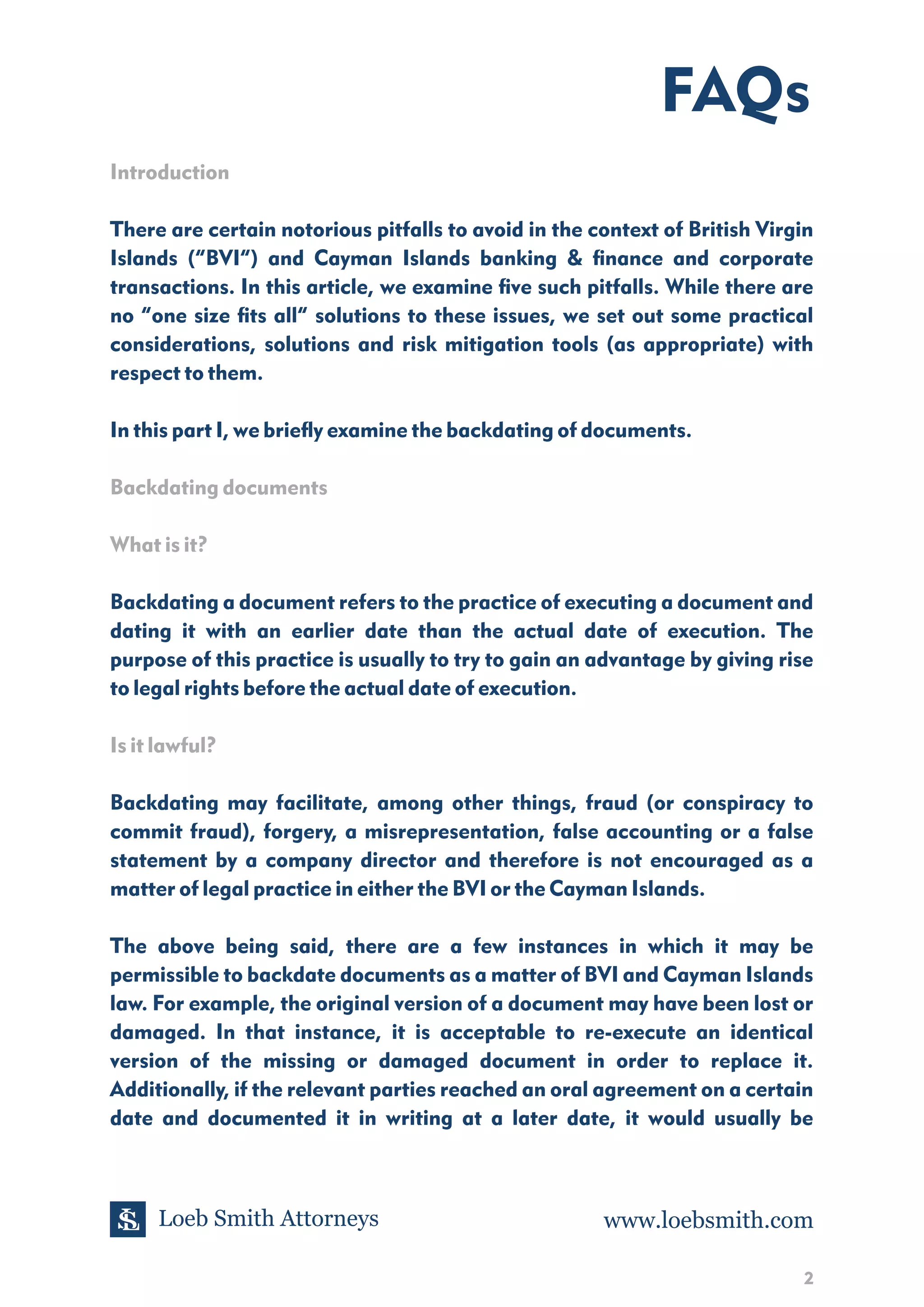 FAQs Avoiding BVI law and Cayman Islands law pitfalls in banking & finance  and corporate transactions / Backdating of documents | PDF