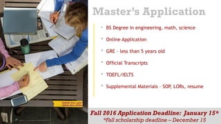 Master’s Application
• BS Degree in engineering, math, science
• Online Application
• GRE – less than 5 years old
• Official Transcripts
• TOEFL/IELTS
• Supplemental Materials – SOP, LORs, resume
Fall 2016 Application Deadline: January 15*
*Fall scholarship deadline – December 15
 
