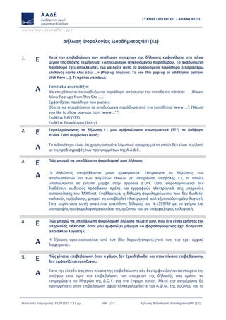 ΣΥΧΝΕΣ ΕΡΩΤΗΣΕΙΣ - ΑΠΑΝΤΗΣΕΙΣ
www.aade.gr
Τελευταία Ενημέρωση: 27/5/2021 2:11 μμ σελ. 1/12 Δήλωση Φορολογίας Εισοδήματος ΦΠ (Ε1)
Δήλωση Φορολογίας Εισοδήματος ΦΠ (Ε1)
1. Ε Κατά την επιβεβαίωση των σταθερών στοιχείων της δήλωσης εμφανίζεται στο πάνω
μέρος της οθόνης το μήνυμα: «Αποκλεισμός αναδυόμενου παραθύρου. Το αναδυόμενο
παράθυρο έχει αποκλειστεί. Για να δείτε αυτό το αναδυόμενο παράθυρο ή περαιτέρω
επιλογές κάντε κλικ εδώ ...» (Pop-up blocked. To see this pop-up or additional options
click here ...). Τι πρέπει να κάνω;
Α Κάντε κλικ και επιλέξτε:
Να επιτρέπονται τα αναδυόμενα παράθυρα από αυτήν την τοποθεσία πάντοτε ... (Always
Allow Pop-ups from This Site ...).
Εμφανίζεται παράθυρο που ρωτάει:
Θέλετε να επιτρέπονται τα αναδυόμενα παράθυρα από την τοποθεσία 'www ...'; (Would
you like to allow pop-ups from 'www …'?)
Επιλέξτε ΝΑΙ (YES).
Επιλέξτε Επανάληψη (Retry).
2. Ε Συμπληρώνοντας τη δήλωση Ε1 μου εμφανίζονται ερωτηματικά (???) σε διάφορα
πεδία. Γιατί συμβαίνει αυτό;
Α Το πιθανότερο είναι ότι χρησιμοποιείτε λογιστικό πρόγραμμα το οποίο δεν είναι συμβατό
με τις προδιαγραφές των προγραμμάτων της Α.Α.Δ.Ε..
3. Ε Πώς μπορώ να υποβάλω τη φορολογική μου δήλωση;
Α Οι δηλώσεις υποβάλλονται μόνο ηλεκτρονικά. Εξαιρούνται οι δηλώσεις των
αποβιωσάντων και των ανηλίκων τέκνων με υποχρέωση υποβολής Ε3, οι οποίες
υποβάλλονται σε έντυπη μορφή στην αρμόδια Δ.Ο.Υ. Όσοι φορολογούμενοι δεν
διαθέτουν κωδικούς πρόσβασης πρέπει να εγγραφούν ηλεκτρονικά στις υπηρεσίες
πιστοποίησης του TAXISnet. Εναλλακτικά, η δήλωση φορολογούμενου που δεν διαθέτει
κωδικούς πρόσβασης, μπορεί να υποβληθεί ηλεκτρονικά από εξουσιοδοτημένο λογιστή.
Στην περίπτωση αυτή απαιτείται υπεύθυνη δήλωση του Ν.1599/86 με το γνήσιο της
υπογραφής του φορολογούμενου (και της συζύγου του αν υπάρχει) προς το λογιστή.
4. Ε Πώς μπορώ να υποβάλω τη φορολογική δήλωση πελάτη μου, που δεν είναι χρήστης της
υπηρεσίας TAXISnet, όταν μου εμφανίζει μήνυμα «ο φορολογούμενος έχει δεσμευτεί
από άλλον λογιστή»;
Α Η δήλωση οριστικοποιείται από τον ίδιο λογιστή-φοροτεχνικό που την έχει αρχικά
διαχειριστεί.
5. Ε Πώς γίνεται επιβεβαίωση όταν ο γάμος δεν έχει δηλωθεί και στον πίνακα επιβεβαίωσης
δεν εμφανίζεται η σύζυγος;
Α Κατά την είσοδό σας στον πίνακα της επιβεβαίωσης εάν δεν εμφανίζονται τα στοιχεία της
συζύγου τότε πριν την επιβεβαίωση των στοιχείων της δήλωσής σας πρέπει να
ενημερώσετε το Μητρώο της Δ.Ο.Υ. για την έγγαμη σχέση. Μετά την ενημέρωση θα
προχωρήσετε στην επιβεβαίωση αφού πληκτρολογήσετε τον Α.Φ.Μ. της συζύγου και τα
 