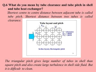 Q.6 What do you mean by tube clearance and tube pitch in shell
and tube heat exchanger?
Shortest centre to centre distance between adjacent tube is called
tube pitch. Shortest distance between two tubes is called
clearance.
The triangular pitch gives large number of tubes in shell than
square pitch and also create large turbulence in shell side fluid. But
it is difficult to clean.
 