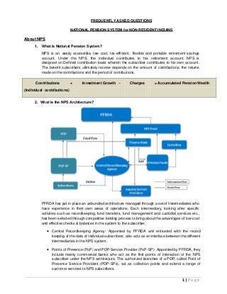 1 | P a g e
FREQUENTLY ASKED QUESTIONS
NATIONAL PENSION SYSTEM for NON RESIDENT INDIANS
About NPS
1. What is National Pension System?
NPS is an easily accessible, low cost, tax-efficient, flexible and portable retirement savings
account. Under the NPS, the individual contributes to his retirement account. NPS is
designed on Defined contribution basis wherein the subscriber contributes to his own account.
The benefit subscribers ultimately receive depends on the amount of contributions, the returns
made on the contributions and the period of contributions.
Contributions +
(Individual contributions)
Investment Growth - Charges = Accumulated Pension Wealth
2. What is the NPS Architecture?
PFRDA has put in place an unbundled architecture managed through a set of Intermediaries who
have experience in their own areas of operations. Each intermediary, looking after specific
activities such as recordkeeping, fund transfers, fund management and custodial services etc.,
has been selected through competitive bidding process to bring about the advantages of low-cost
and effective checks & balances in the system to the subscriber.
 Central Recordkeeping Agency- Appointed by PFRDA and entrusted with the record
keeping of the data of individual subscribers; also acts as an interface between the different
intermediaries in the NPS system.
 Points of Presence (PoP) and POP-Service Provider (PoP-SP)- Appointed by PFRDA, they
include mainly commercial banks who act as the first points of interaction of the NPS
subscriber under the NPS architecture. The authorized branches of a POP, called Point of
Presence Service Providers (POP-SPs), act as collection points and extend a range of
customer services to NPS subscribers.
 