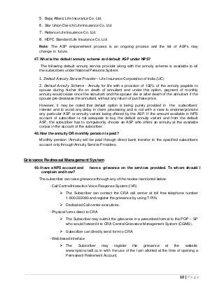 10 | P a g e
5. Bajaj Allianz Life Insurance Co. Ltd.
6. Star Union Dai-ichi Life Insurance Co. Ltd.
7. Reliance Life Insurance Co. Ltd.
8. HDFC Standard Life Insurance Co. Ltd
Note: The ASP empanelment process is an ongoing process and the list of ASPs may
change in future.
47.What is the default annuity scheme and default ASP under NPS?
The following default annuity service provider along with the annuity scheme is available to all
the subscribers under National Pensions System.
1. Default Annuity Service Provider – Life Insurance Corporation of India (LIC)
2. Default Annuity Scheme - Annuity for life with a provision of 100% of the annuity payable to
spouse during his/her life on death of annuitant and under this option, payment of monthly
annuity would cease once the annuitant and the spouse die or after death of the annuitant if the
spouse pre-deceases the annuitant, without any return of purchase price.
However, it may be noted that default option is being purely provided in the subscribers’
interest and to avoid any delay in claim processing and is not with a view to endorse/promote
any particular ASP or annuity variant being offered by the ASP. If the amount available in NPS
account of subscriber is not adequate to buy the default annuity variant and from the default
ASP, the subscriber has to compulsorily choose an ASP who offers an annuity at the available
corpus in the account of the subscriber.
48.How the annuity OR monthly pension is paid?
Monthly pension /Annuity will be paid through direct bank transfer to the specified subscribers
account only through Annuity Service Providers.
Grievance Redressal Management System
49.I have a NPS account and have a grievance on the services provided. To whom should I
complain and how?
The subscriber can raise grievance through any of the modes mentioned below:
- Call Centre/Interactive Voice Response System (IVR)
 The Subscriber can contact the CRA call center at toll free telephone number
1-800-222080 and register the grievance by using T-PIN.
 Dedicated Call center executives.
- Physical forms direct to CRA
 The Subscriber may submit the grievance in a prescribed format to the POP – SP
who would forward it to CRA Central Grievance Management System (CGMS).
 Subscriber can directly send form to CRA.
- Web based interface
 The Subscriber may register the grievance at the website
www.npscra.nsdl.co.in with the use of the I-pin allotted at the time of opening a
Permanent Retirement Account.
 