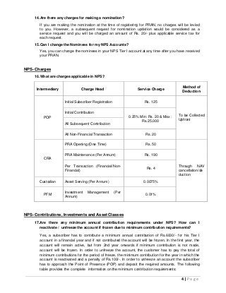 4 | P a g e
14.Are there any charges for making a nomination?
If you are making the nomination at the time of registering for PRAN, no charges will be levied
to you. However, a subsequent request for nomination updation would be considered as a
service request and you will be charged an amount of Rs. 20/- plus applicable service tax for
each request.
15.Can I change the Nominees for my NPS Accounts?
Yes, you can change the nominees in your NPS Tier I account at any time after you have received
your PRAN.
NPS- Charges
16.What are charges applicable in NPS?
Intermediary Charge Head Service Charge
Method of
Deduction
POP
Initial Subscriber Registration Rs. 125
To be Collected
Upfront
Initial Contribution
0.25% Min: Rs. 20 & Max :
Rs.25,000
All Subsequent Contribution
All Non-Financial Transaction Rs. 20
CRA
PRA Opening (One Time) Rs. 50
Through NAV
cancellation/de
duction
PRA Maintenance (Per Annum) Rs. 190
Per Transaction (Financial/Non-
Financial)
Rs. 4
Custodian Asset Serving (Per Annum) 0.0075%
PFM
Investment Management (Per
Annum)
0.01%
NPS- Contributions, Investments and Asset Classes
17.Are there any minimum annual contribution requirements under NPS? How can I
reactivate / unfreeze the account if frozen due to minimum contribution requirements?
Yes, a subscriber has to contribute a minimum annual contribution of Rs.6000/- for his Tier I
account in a financial year and if not contributed the account will be frozen. In the first year, the
account will remain active, but from 2nd year onwards if minimum contribution is not made,
account will be frozen. In order to unfreeze the account, the customer has to pay the total of
minimum contributions for the period of freeze, the minimum contribution for the year in which the
account is reactivated and a penalty of Rs.100/-. In order to unfreeze an account the subscriber
has to approach the Point of Presence (POP) and deposit the required amounts. The following
table provides the complete information on the minimum contribution requirements:
 