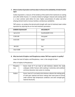 7. What is Carbon Equivalent and how does it enhances the weldability of Jindal Panther
TMT?
Carbon Equivalent is measure of the tendency of the weld to form martensite on cooling
and suffer brittle fracture. It is directly related to hydrogen induced cold cracking which
is a most common weld defect for steel. Higher concentration of carbon and other
alloying element tend to increase hardness and decrease weldability
TMT process can produce the desired yield strength with steel of relatively lower carbon
equivalent by adjusting the on-line heat treatment parameters.
CARBON EQUIVALENT WELDABILITY
Up to 0.35 Excellent(JSPL’S CE)
0.36-0.40 Very good
0.41-0.45 Good
.46-0.50 Fair
Over 0.500 Poor
8. Why low level of Sulphur and Phosphorous makes TMT bars superior in quality?
Lower the level of Sulphur and Phosphorous, more is the strength of steel.
Effect of Sulphur & Phosphorous:
Phospho
rous
Excess level of P can lead to cold shortness wherein the steel
undergoes brittle fracture while working in extremely cold condition
and hence becomes more prone to cracking.
Sulphur Excess level of S can lead to hot shortness wherein the melting point
of steel gets lowered and hence making steel more prone to failure
under extreme high temperature conditions and steel strength gets
lowered drastically.
 