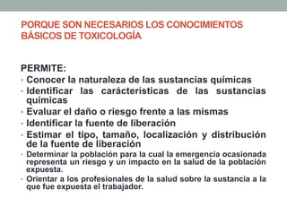 PORQUE SON NECESARIOS LOS CONOCIMIENTOS
BÁSICOS DE TOXICOLOGÍA
PERMITE:
•  Conocer la naturaleza de las sustancias químicas
•  Identificar las carácterísticas de las sustancias
químicas
•  Evaluar el daño o riesgo frente a las mismas
•  Identificar la fuente de liberación
•  Estimar el tipo, tamaño, localización y distribución
de la fuente de liberación
•  Determinar la población para la cual la emergencia ocasionada
representa un riesgo y un impacto en la salud de la población
expuesta.
•  Orientar a los profesionales de la salud sobre la sustancia a la
que fue expuesta el trabajador.
 