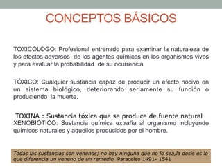 CONCEPTOS BÁSICOS
TOXICÓLOGO: Profesional entrenado para examinar la naturaleza de
los efectos adversos de los agentes químicos en los organismos vivos
y para evaluar la probabilidad de su ocurrencia
TÓXICO: Cualquier sustancia capaz de producir un efecto nocivo en
un sistema biológico, deteriorando seriamente su función o
produciendo la muerte.
XENOBIÓTICO: Sustancia química extraña al organismo incluyendo
químicos naturales y aquellos producidos por el hombre.
Todas las sustancias son venenos; no hay ninguna que no lo sea,la dosis es lo
que diferencia un veneno de un remedio Paracelso 1491- 1541
TOXINA : Sustancia tóxica que se produce de fuente natural
 
