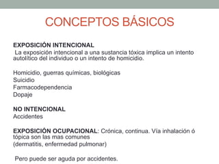 CONCEPTOS BÁSICOS
EXPOSICIÓN INTENCIONAL
La exposición intencional a una sustancia tóxica implica un intento
autolítico del individuo o un intento de homicidio.
Homicidio, guerras químicas, biológicas
Suicidio
Farmacodependencia
Dopaje
NO INTENCIONAL
Accidentes
EXPOSICIÓN OCUPACIONAL: Crónica, continua. Vía inhalación ó
tópica son las mas comunes
(dermatitis, enfermedad pulmonar)
Pero puede ser aguda por accidentes.
 