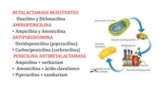 BETALACTAMASA RESISTENTES
• Oxacilina y Dicloxacilina
AMINOPENICILINA
• Ampicilina y Amoxicilina
ANTIPSEUDOMONA
• Ureidopenicilina (piperacilina)
• Carbocipenicilina (carbencilina)
PENICILINA ANTIBETALACTAMASA
• Ampicilina + surbactam
• Amoxicilina + ácido clavulánico
• Piperacilina + tazobactam
 