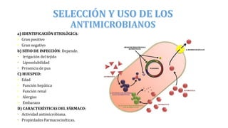 a) IDENTIFICACIÓN ETIOLÓGICA:
• Gran positivo
• Gran negativo
b) SITIO DE INFECCIÓN: Depende.
• Irrigación del tejido
• Liposolubilidad
• Presencia de pus
C) HUESPED:
• Edad
• Función hepática
• Función renal
• Alergias
• Embarazo
D) CARACTERÍSTICAS DEL FÁRMACO:
• Actividad antimicrobiana.
• Propiedades Farmacocinéticas.
 