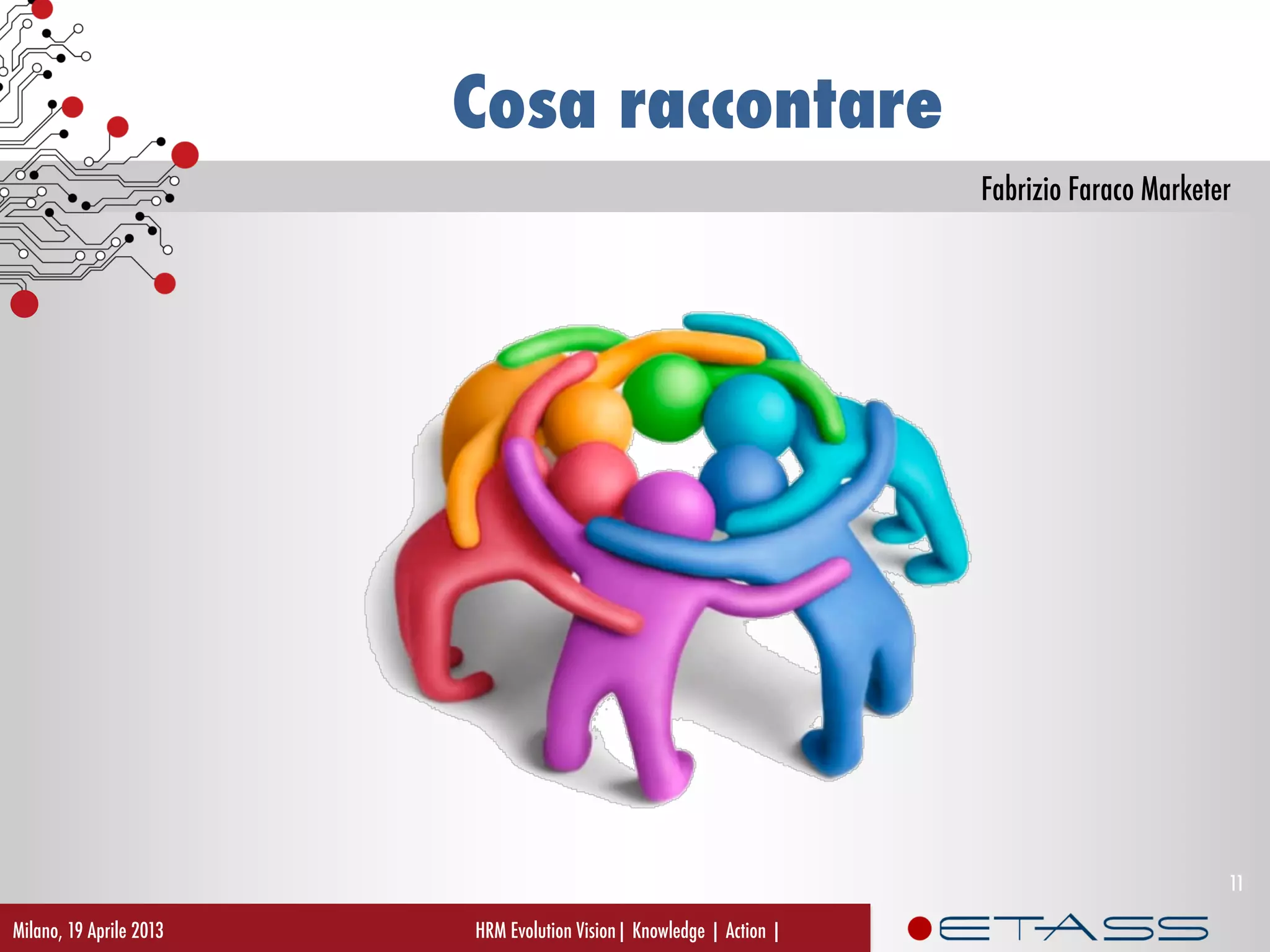 Fabrizio Faraco Marketer
Cosa raccontare
Milano, 19 Aprile 2013 HRM Evolution Vision| Knowledge | Action |
11
 