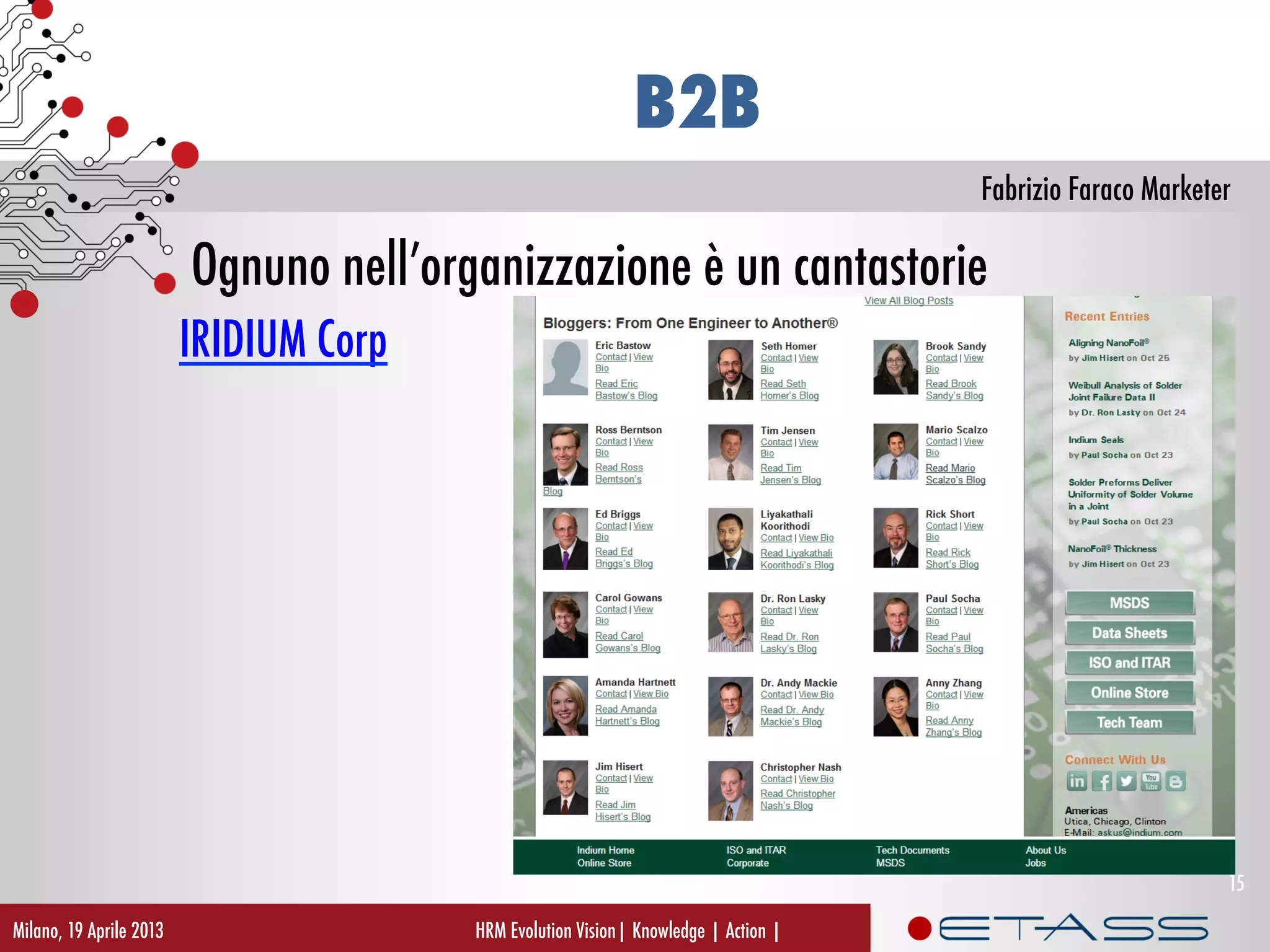 Fabrizio Faraco Marketer
B2B
Ognuno nell’organizzazione è un cantastorie
IRIDIUM Corp
HRM Evolution Vision| Knowledge | Action |Milano, 19 Aprile 2013
15
 