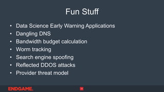 Fun Stuff
• Data Science Early Warning Applications
• Dangling DNS
• Bandwidth budget calculation
• Worm tracking
• Search engine spoofing
• Reflected DDOS attacks
• Provider threat model
14
 