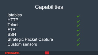 Capabilities
Iptables
HTTP
Telnet
FTP
SSH
Strategic Packet Capture
Custom sensors
5
 
