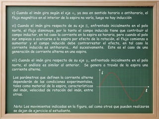 v) Cuando el imán gira según el eje i, ya sea en sentido horario o antihorario, el
flujo magnético en el interior de la espira no varía, luego no hay inducción
vi) Cuando el imán gira respecto de su eje i, enfrentado inicialmente en el polo
norte, el flujo disminuye, por lo tanto el campo inducido tiene que contribuir al
campo inductor, en tal caso la corriente en la espira es horaria, pero cuando el polo
sur empieza a acercarse a la espira por efecto de la rotación, el flujo comienza a
aumentar y el campo inducido debe contrarrestar el efecto, en tal caso la
corriente inducida es antihoraria... Así sucesivamente. Este es el caso de una
generación de corriente alterna en una espira.
vii) Cuando el imán gira respecto de su eje i, enfrentado inicialmente en el polo
norte, el análisis es similar al anterior. Se genera a través de la espira una
corriente alterna.
i
t
Los parámetros que definen la corriente alterna
dependerán de las condiciones experimentales,
tales como material de la espira, características
del imán, velocidad de rotación del imán, entre
otras.
Nota: Los movimientos indicadas en la figura, así como otros que pueden realizarse
se dejan de ejercicio al estudiante.
 