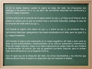 x) De la misma manera cuando la espira se aleja del imán, las situaciones son
análogas a los puntos iii) e iv), es decir las corrientes inducidas son antihoraria y
horaria respectivamente.
xi) Para efecto de la rotación de la espira sobre su eje e el flujo en el interior de la
misma no cambia, por lo que no existen fem o corriente inducidas, análogo al caso de
la rotación del imán sobre su eje i.
xii) Cuando la espira rota sobre su eje e o sobre su eje e se producen fem y
corrientes inducidas, semejantes a los casos estudiados en el imán, para los ejes i y
i, respectivamente.
xiii) Cuando la espira esta sumergida en el campo magnético del imán y esta varía su
área, ya sea aumentándola o disminuyéndola, en su interior aumentará o disminuirá el
flujo del campo inductor, luego en la espira aparecerá un campo inducido que tenderá
a contrarrestar tal efecto, por ello se generará corriente inducida, para el primer
caso será antihoraria y en el segundo horaria.
xiv) Al igual que en la situación del imán, los otros movimientos y los efectos que
ellos producen sobre la espira se dejan para que los resuelva el alumno.
 