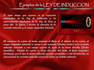 Ejemplos de la LEY DE INDUCCION
El signo menos que aparece en la expresión
matemática de la Ley de Inducción es la
representación algebraica de la Ley de Lenz y
para ello la figura 5 ilustra la dirección de la
corriente inducida y el campo magnético inducido.
Fig. 5
Al acercarse la espira al imán, aumenta el flujo en el interior de la espira, el
campo magnético inducido se opone a este aumento (flechas verdes) y la corriente
inducida asociada a este campo respeta la regla de la mano derecha (flecha
amarilla). Cuando la espira se aleja del polo del imán, el flujo magnético
disminuye, por lo que el campo inducido aparece oponiéndose a tal disminución, en
consecuencia la corriente inducida recorre la espira en sentido contrario.
 