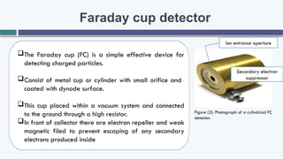 Faraday cup detector
The Faraday cup (FC) is a simple effective device for
detecting charged particles.
Consist of metal cup or cylinder with small orifice and
coated with dynode surface.
This cup placed within a vacuum system and connected
to the ground through a high resistor.
In front of collector there are electron repeller and weak
magnetic filed to prevent escaping of any secondary
electrons produced inside
Secondary electron
suppressor
Ion entrance aperture
Figure (2): Photograph of a cylindrical FC
detector.
 