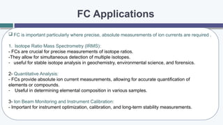 FC Applications
 FC is important particularly where precise, absolute measurements of ion currents are required .
1. Isotope Ratio Mass Spectrometry (IRMS):
- FCs are crucial for precise measurements of isotope ratios.
-They allow for simultaneous detection of multiple isotopes.
- useful for stable isotope analysis in geochemistry, environmental science, and forensics.
2- Quantitative Analysis:
- FCs provide absolute ion current measurements, allowing for accurate quantification of
elements or compounds.
- Useful in determining elemental composition in various samples.
3- Ion Beam Monitoring and Instrument Calibration:
- Important for instrument optimization, calibration, and long-term stability measurements.
 