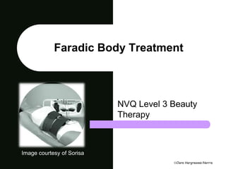 Faradic Body Treatment 
NVQ Level 3 Beauty 
Therapy 
Clare Hargreaves-Norris 
Image courtesy of Sorisa 
 
