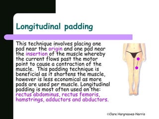 Clare Hargreaves-Norris 
Longitudinal padding 
This technique involves placing one 
pad near the origin and one pad near 
the insertion of the muscle whereby 
the current flows past the motor 
point to cause a contraction of the 
muscle. This padding technique is 
beneficial as it shortens the muscle, 
however is less economical as more 
pads are used per muscle. Longitudinal 
padding is most often used on the: 
rectus abdominus, rectus femoris, 
hamstrings, adductors and abductors. 
 