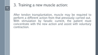 3. Training a new muscle action:
After tendon transplantation, muscle may be required to
perform a different action from that previously carried out.
With stimulation by faradic current, the patient must
concentrate with the new action and assist with voluntary
contraction.
 