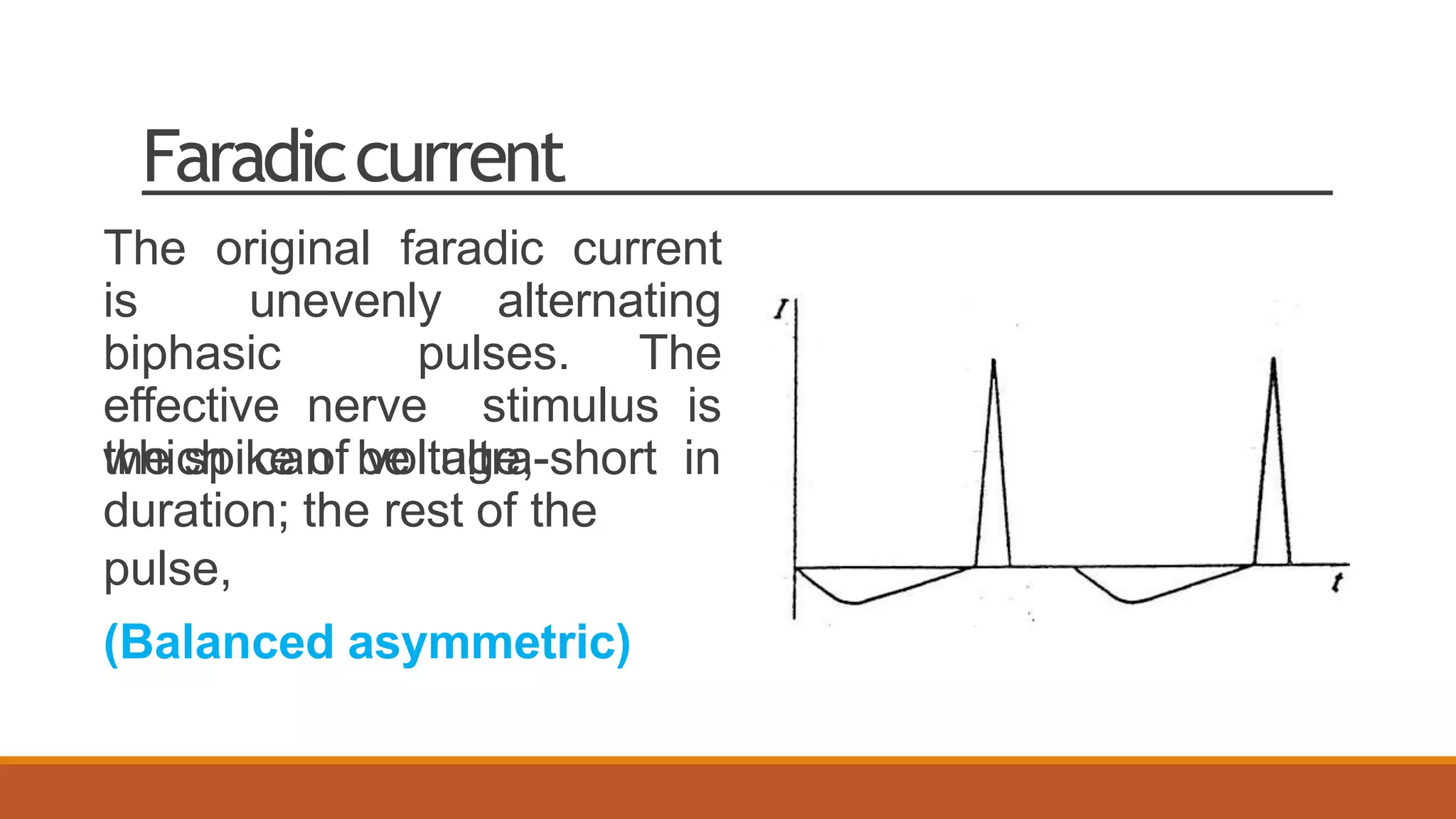 Faradiccurrent
The original faradic current
is unevenly alternating
biphasic pulses. The
effective nerve stimulus is
the spike of voltage,
which can be ultra-short in
duration; the rest of the
pulse,
(Balanced asymmetric)
 