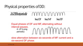 Physical properties ofDD:
3.C
P(Shortperiods):
I-secD
F I-secM
F I-secD
F
© FA Davis, 2005
Equal phases of DF and MF, alternating without
interval pauses.
4. LP (Long
periods):
slow alternation between six seconds of MF current and a
six-second DF phase.
 