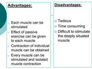 Advantages:
o Each muscle can be
stimulated
o Effect of passive
exercise can be given
to each muscle
o Contraction of individual
muscle can be obtained
o Every muscle can be
stimulated and isolated
muscle contraction
Disadvantages:
 Tedious
 Time consuming
 Difficult to stimulate
the deeply situated
muscle
 