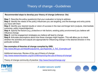 www.iwmi.org
A water-secure world
Theory of change –Guidelines
Recommended steps to develop your theory of change (reference -3ie)
Step 1: Describe the policy question(s) that your evaluation is trying to address
Step 2: Identify the needs of the policy influencers you are targeting, and the leverage and entry points
you have with them
Step 3: Identify your desired results or vision of success in the near and longer term (outputs, intermediate
outcomes, policy impact/objective)
Step 4: Specify the factors (e.g. protective or risk factors, existing policy environment) you believe will
influence change.
Step 5: List the engagement strategies you believe will lead to change
Step 6: Articulate assumptions about how these changes might happen. This will allow you to check
whether the activities and outputs are appropriate for influencing change in the desired direction in this
particular context.
See examples of theories of change compiled by DfID:
http://www.dfid.gov.uk/r4d/pdf/outputs/mis_spc/Appendix_3_ToC_Examples.pdf
Additional resources: Review of the use of theory of change:
http://www.researchtoaction.org/2012/08/improving-the-use-of-theory-of-change/
Theory of change community of practice: http://www.theoryofchange.org/
 