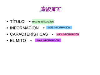 ÍNDICE
 TÍTULO
 INFORMACIÓN
 CARACTERÍSTICAS
 EL MITO
MAS INFORMACIÓN
MÁS INFORMACIÓN
MÁS INFORMACIÓN
MÁS INFORMACIÓN
 