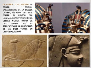 LA COBRA I EL VOLTOR: LA
COBRA, ANIMAL
CARACTERÍSTIC DE LA DEESSA
UADYET, PATRONA DEL BAIX
EGIPTE. EL VOLTOR ERA
L'ANIMAL CARACTERÍSTIC DE LA
DEESSA NEJBET, PATRÓ DE
L'ALT EGIPTE. AIXÍ ES
REPRESENTAVA LA UNIFICACIÓ
DE LES DUES TERRES EN
L'ÉSSER DEL FARAÓ.
 